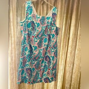 Talbots turquoise blue paisley dress. Size 16w cotton/spandex and lined. EUC